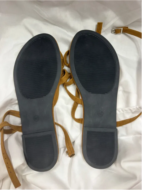 Faux Suede Strappy Gladiator Flat Sandals Ankle Wrap Buckle Tan Brown EU 40 8.5 - Image 2