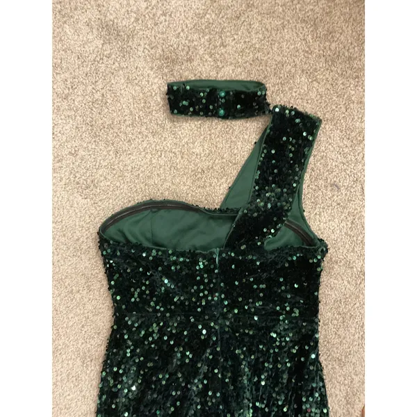 Double Crzy Emerald Green Sequin One-Shoulder Prom Formal Gown, sz S - Image 8