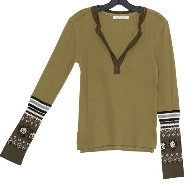 We The Free People Mikah Top Thermal Army Green Contrast Sleeve Boho Y2K Indie M - Image 2