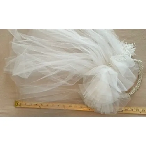 Vintage White Tulle Bridal Veil Faux Pearl Headband Floral Bead Accent 20 Inch - Image 2