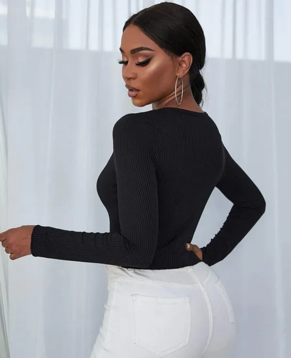Black Ribbed Long Sleeve Crop Top - Image 2