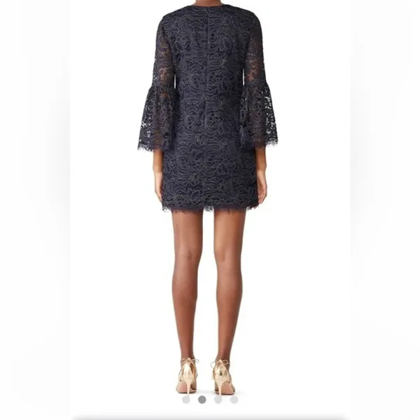 Dress The Population‎ Navy Gold Metallic Lace Bell Sleeve Mini Dress Size L - Image 3