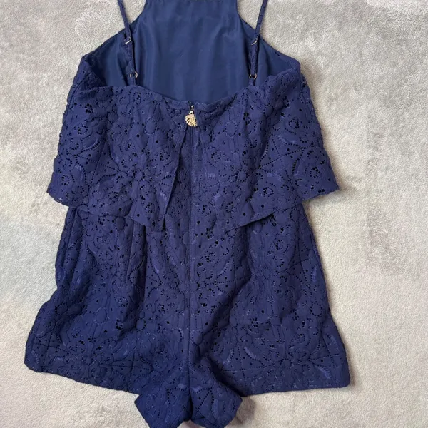 Lilly Pulitzer Celyn Romper Womens 8 Navy Blue Floral Lace Shorts Jumpsuit - Image 3