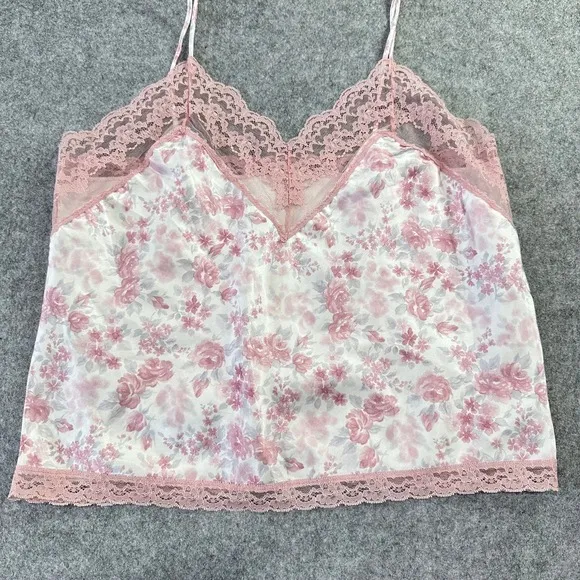 Vintage 80s Coquette Pink Floral Lace‎ Trim Camisole Top Satin Delicate Feminine - Image 3