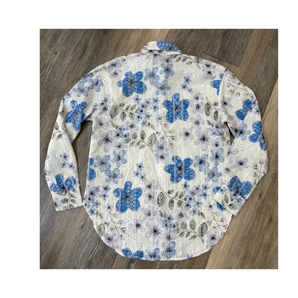 Adiva Button Front Blouse Medium Blue Floral Sheer Long Sleeve Shirt Top - Image 2