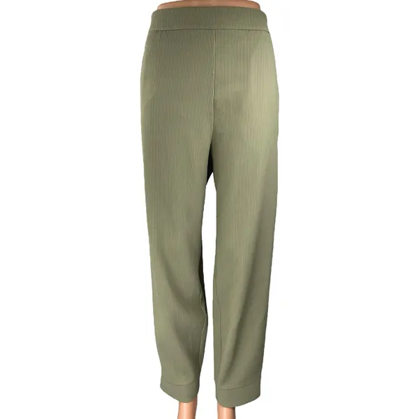Zara Women's Green Rib Knit High Waist Wide Leg Side Zip Ankle Trousers Pants L - Image 2