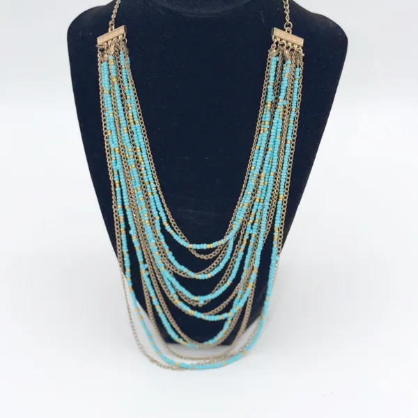 Turquoise Blue Seed Bead Layered Multi Strand Necklace Gold Tone Boho Statement - Image 2