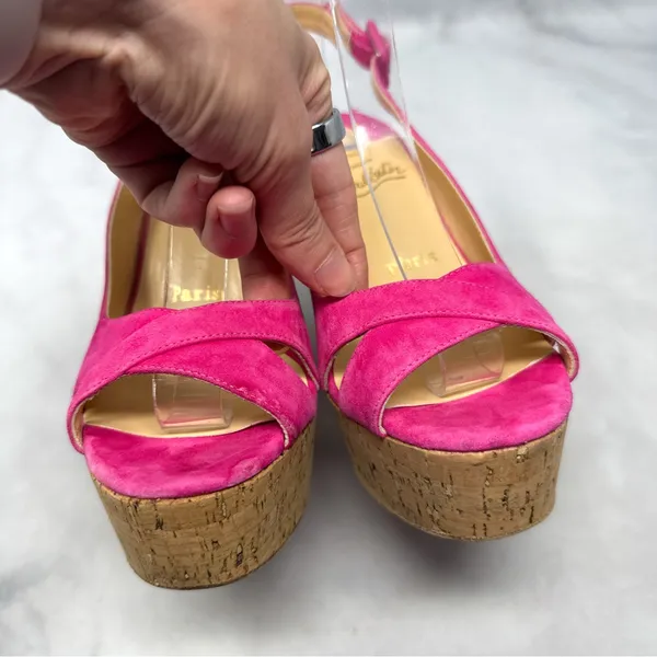 Christian Louboutin Reine De Liege Suede Cork Platform Wedge Slingback Sandal 37 - Image 7