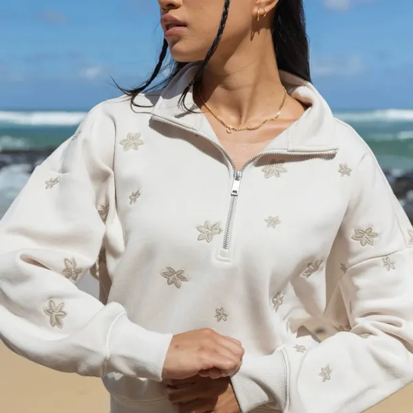 Elevated Faith Floral Half Zip Sweatshirt L Cream Cropped Cozy - Image 2