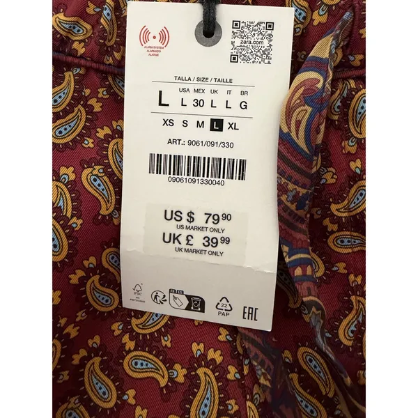 Zara Paisley Print Wide Leg Pants Burgundy Gold Boho Drawstring‎ Large - Image 4