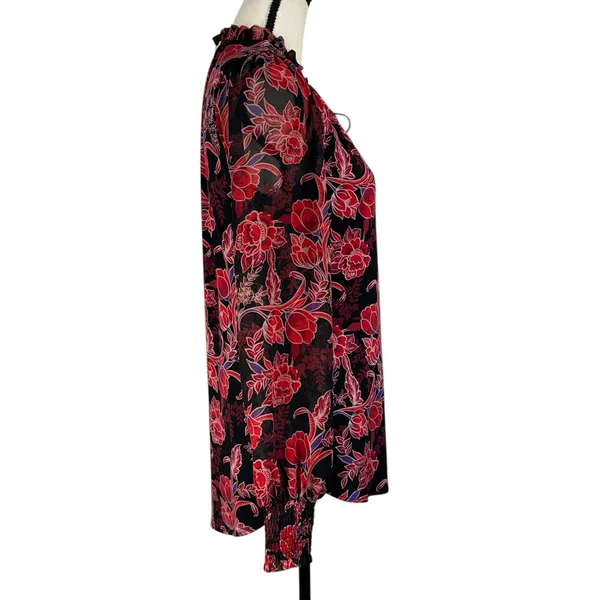 WHBM Small Tunic Top Floral Lined Long Balloon Sleeve Stretch Keyhole Smocked - Image 7