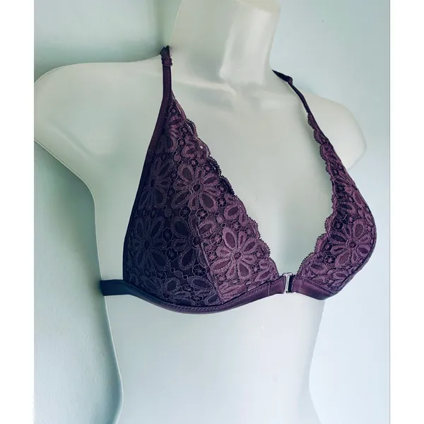 Victoria's Secret Triangle Bralette Purple Lace Floral Lined Front Closure Small - Image 2