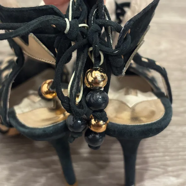 Sophia Webster Riko Black Suede Rose‎ Gold Geometric Peep Toe Stiletto Heels 8 - Image 7