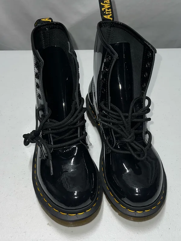 Dr. Martens Black Patent‎ Lace-Up 8-Eye Boots with Yellow Stitching - Image 2