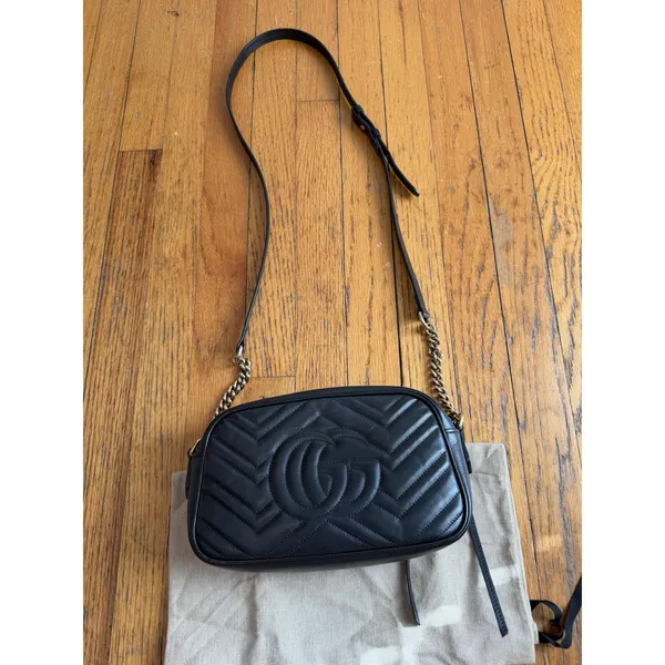 Gucci Crossbody Bag Womens Small Black Leather GG Marmont Camera Made In Italy - Image 8