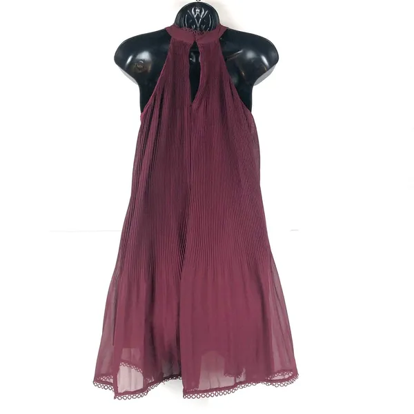 Lulus Burgundy Pleated Halter Mini Dress Ruffle Swing Party Cocktail Small - Image 3