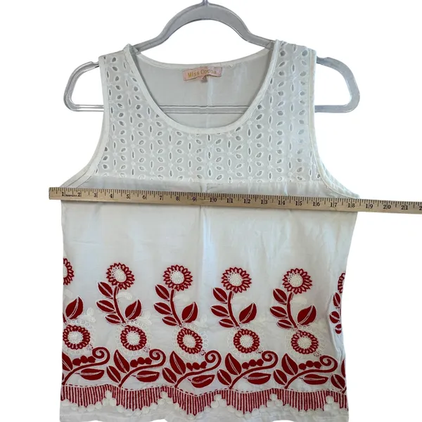 Miss Cocoa Embroidered Tank Top White Red‎ Floral Eyelet Viscose Boho G S READ - Image 7