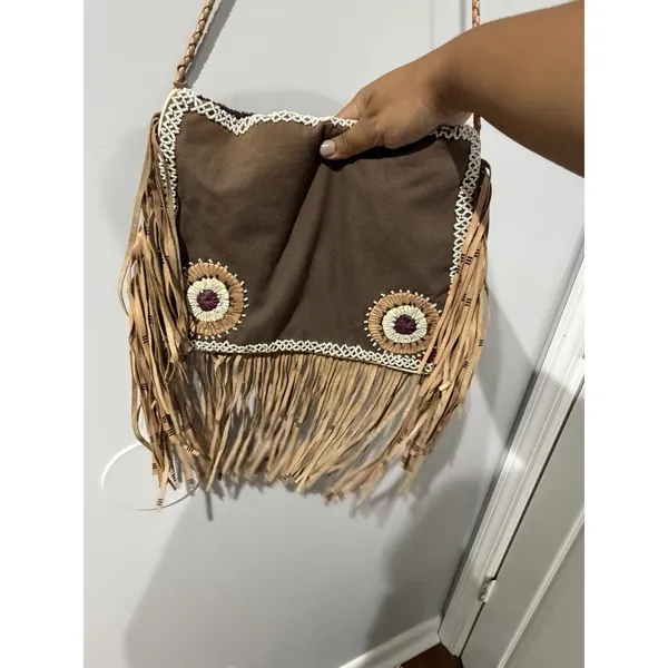 ibBan Anthropologie Beaded Boho Hobo Tote Shoulder Fringe Western Bag P - Image 6