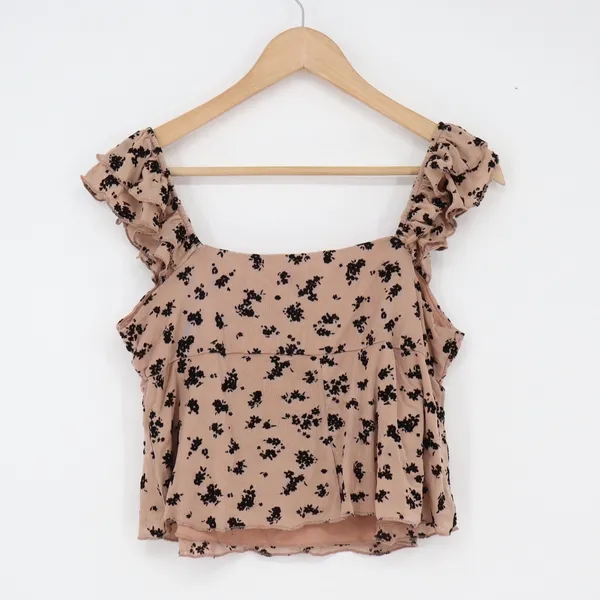 Good Days Project Tank Top Womens XL Tan Floral Ruffle Excellent - Image 4