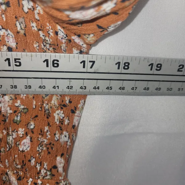 JODIFL Boho Smocked Floral Babydoll Tunic Blouse Orange Rust Ditsy Print Puff L - Image 3