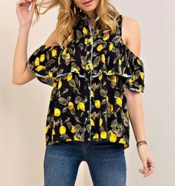 Entro NWT Off White Lemon Print Button Down Open Shoulder Ruffle Top - Image 13