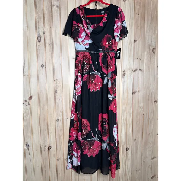 NWT SLNY Cowl Neck Floral Maxi Dress Black Red Floral Flutter Sleeve Size 6 - Image 5