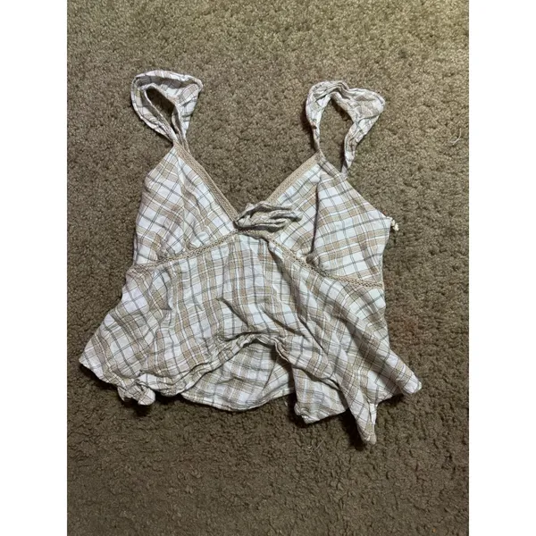 Kirious Los Angeles Plaid Peplum Cami Top Tan‎ Cream Smocked Back Size M - Image 2