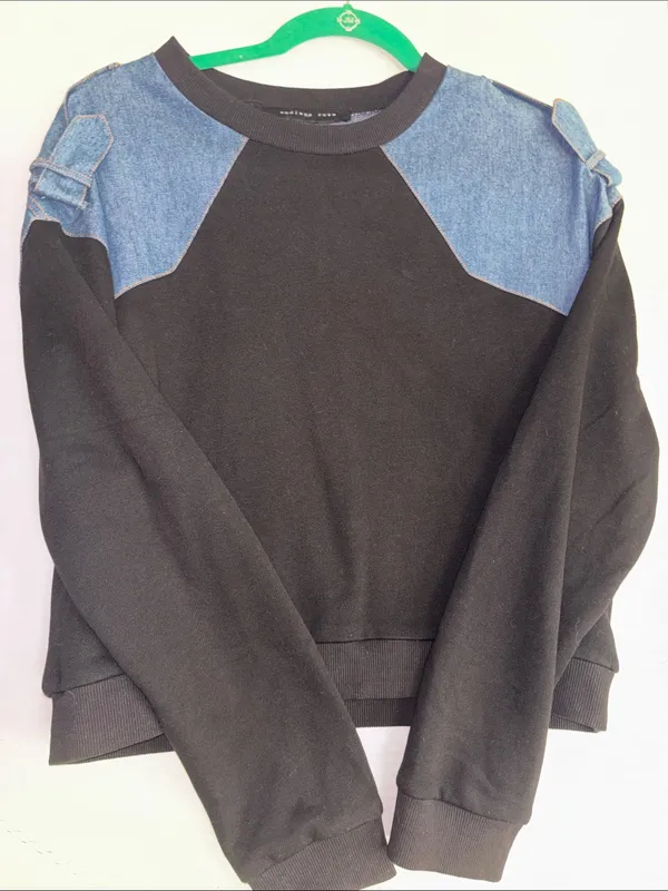 Endless Rose Crew Neck Sweatshirt Blue Denim Shoulder Panels Black Cotton Body - Image 5