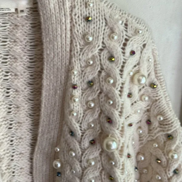 Anthropologie Embellished Pearl Open Cream Cardigan - Image 5