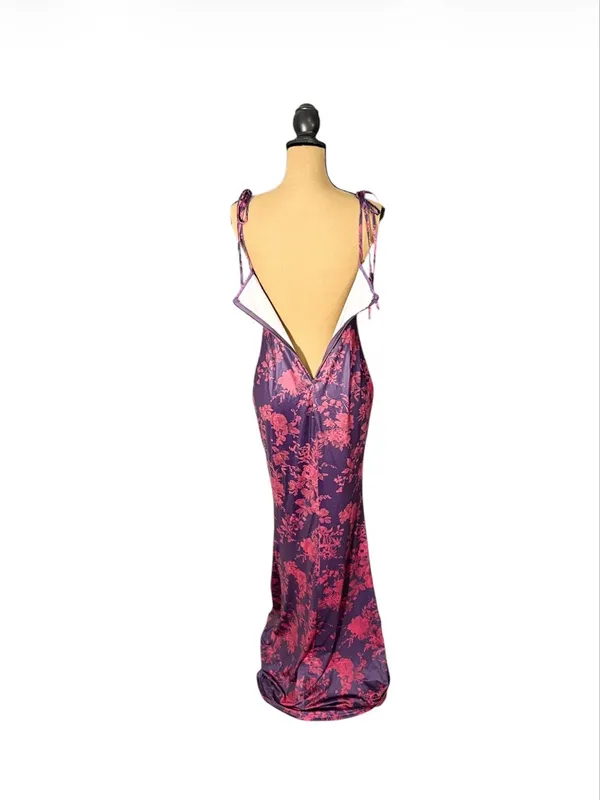 Marthea Floral Mermaid Maxi Dress M Purple Pink Bodycon Y2K Slip Spaghetti Strap - Image 6