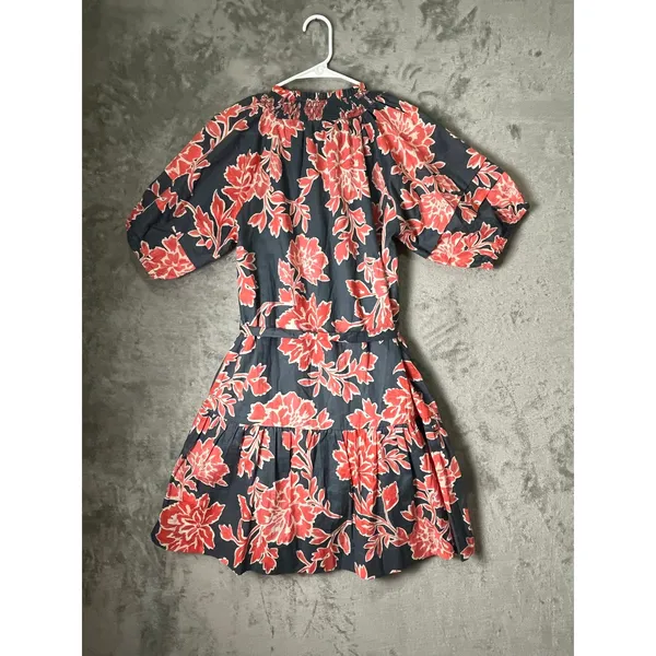 Evereve Navy Coral Floral 100% Cotton Puff Sleeve Belted Tiered Mini Dress M - Image 3