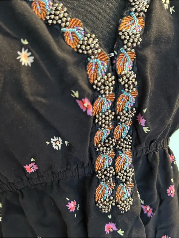 Free People black floral and paisley print tunic dress beaded embroidered size L - Image 5