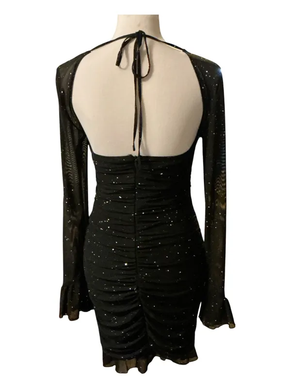 Glam Sparkle Mesh Mini Dress Open Back Ruched Bell Sleeve Halter Neck Black - Image 3
