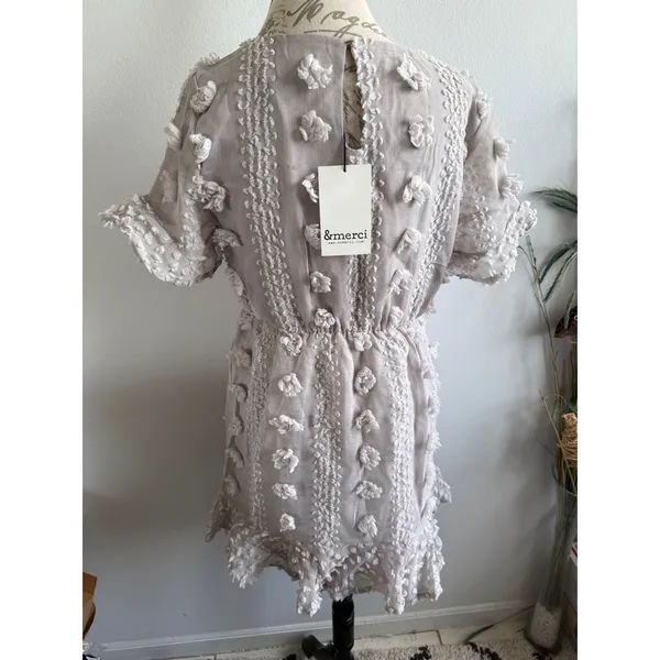 &merci Floral Pom Pom Aline Dress Medium Grey Short Sleeve‎ Mini New - Image 3