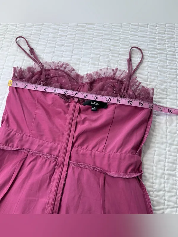 Lulu's Sweetheart Style Mauve Polka Dot Bustier Tiered Midi Dress Size S - Image 11