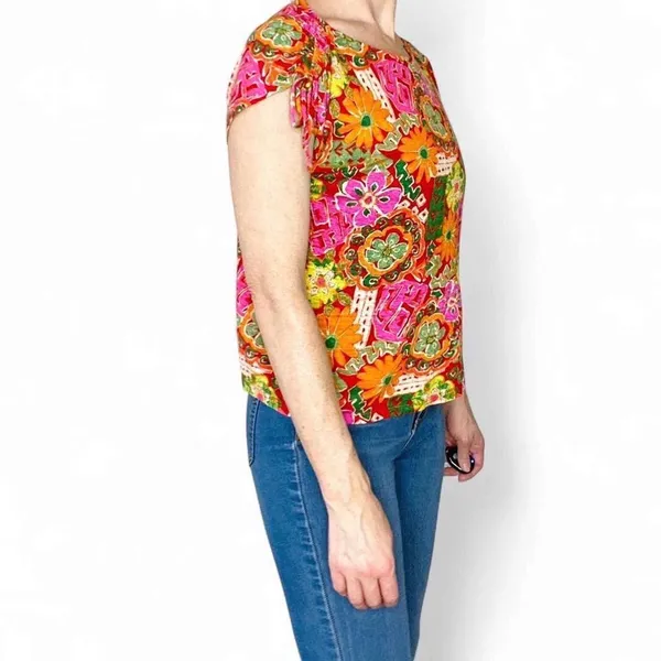 Nicole Miller Colorful Floral Abstract Linen Casual T-Shirt - Image 3