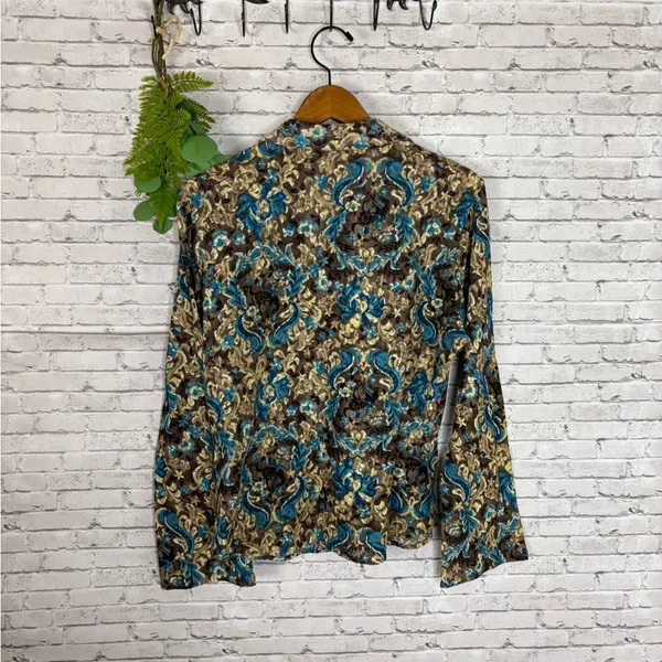 Vintage Wrangler Brown and Teal Paisley Floral Lace Bell Sleeve Blouse - Image 4