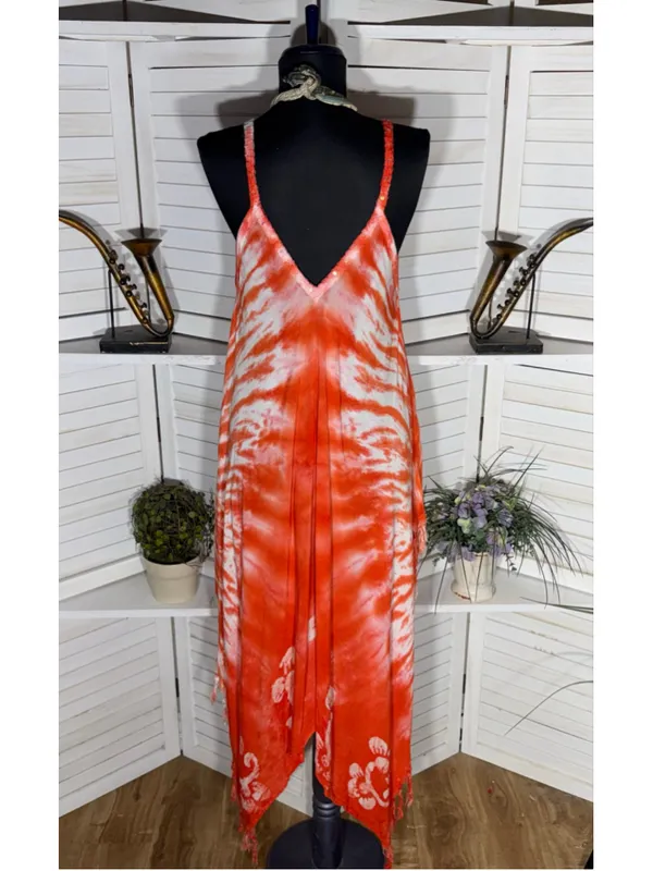 Vintage gauze cotton boho dress tie dye asymmetrical beach cover up fringes S M - Image 2