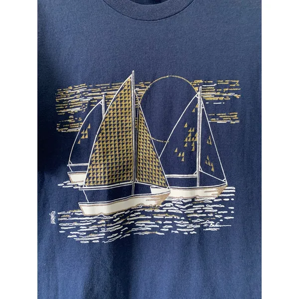 Vintage 90s Gold Glitter SAILBOATS Single Stitch T-SHIRT M Made In USA hanes - Image 2