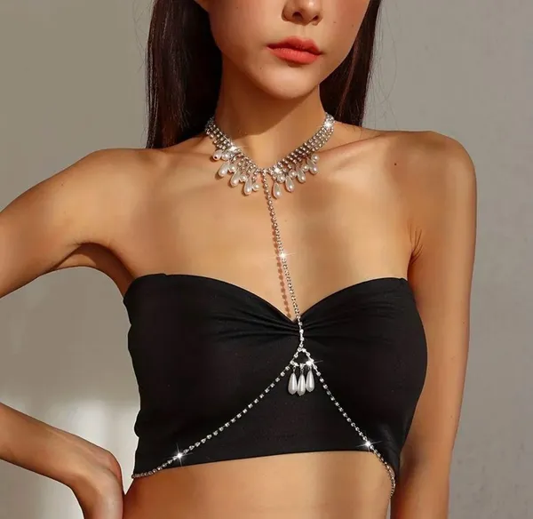 Faux Pearl Tassel Pendant Body Chain Full Of Shiny Rhinestone Body Chain Jewelry - Image 2