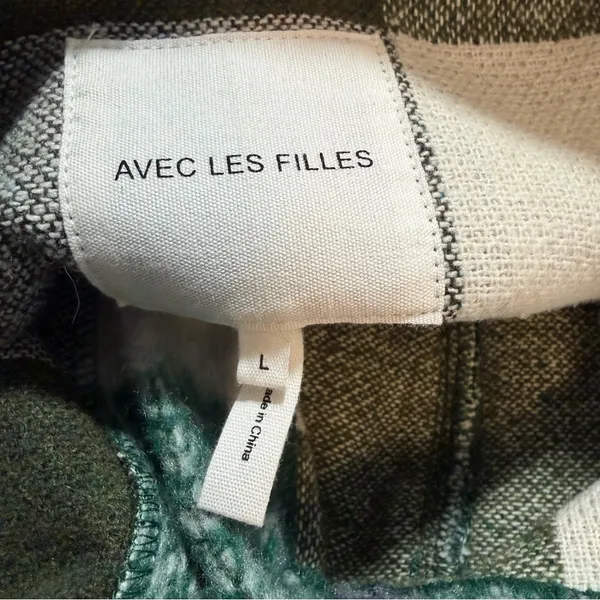Avec Les Filles Plaid Sherpa Shacket Green Ivory Oversized Jacket L - Image 7