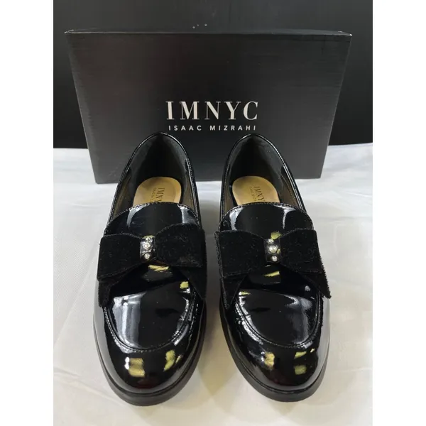 Isaac Mizrahi Womens Black Patent Leather Loafers With Velvet Bow Size 7 SKU 730 - Image 2