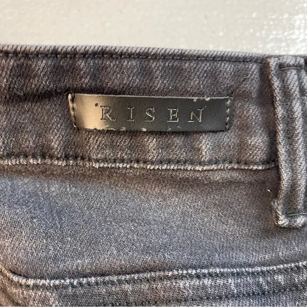 Risen Wide Ankle Flare Jeans Black 38”x28” Mid Rise‎ Distressed Raw Hem Stretch - Image 8