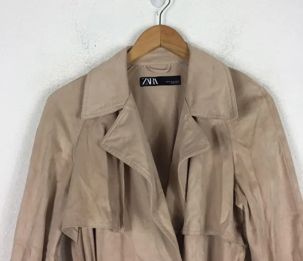 Zara Tan Trench Coat XS Faux Suede Double Breasted Belted Classic Mid Length - Image 4