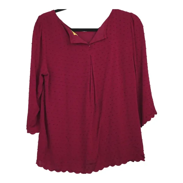 Maeve Anthropologie Blouse Womens 10 Burgundy Swiss Dot Scallop Hem 3/4 Sleeve - Image 2