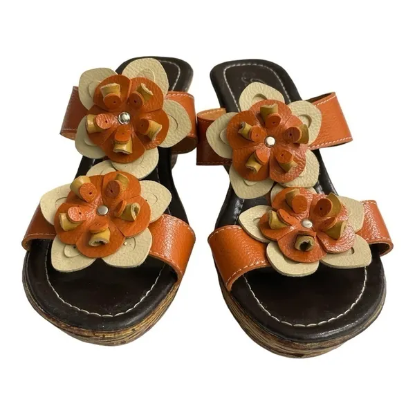 Bonita Floral Leather Wedge Sandals Cognac Brown Slide Mules Platform Heel - Image 4