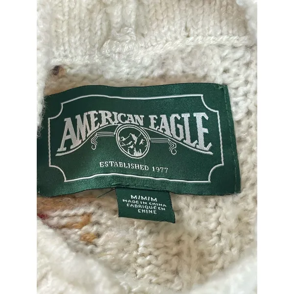 American Eagle Chunky Knit Red Cream Snowflake Fair Isle Nordic Cozy Sweater M - Image 6