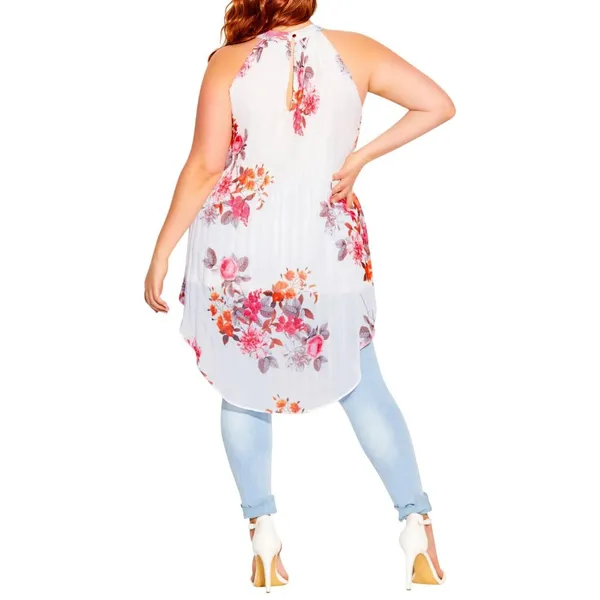 NWT City Chic Hi-Low Sleeveless Pleated Tunic Top Ivory Floral Crush White 18W - Image 2