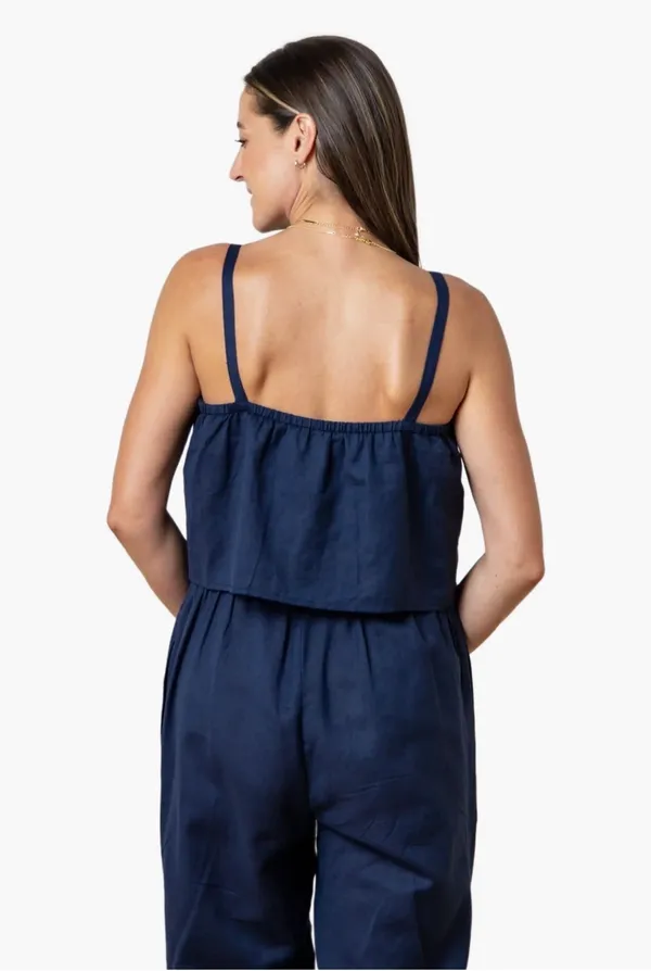 Hope & Henry Navy Blue Cotton and Linen Blend Faux Top Jumpsuit - Image 3