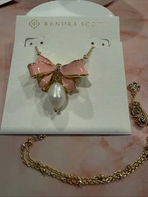 Kendra Scott | Gold Plated & Pink Enamel Bow Necklace with Pearl Drop - Image 3